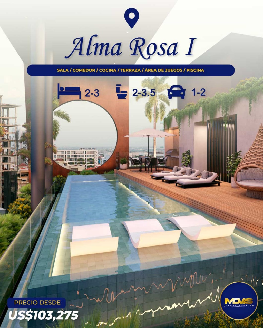 apartamentos - SE VENDE APARTAMENTO MODERNO EN TORRE DE ALMA ROSA I CON PISCINA INFINITY 0
