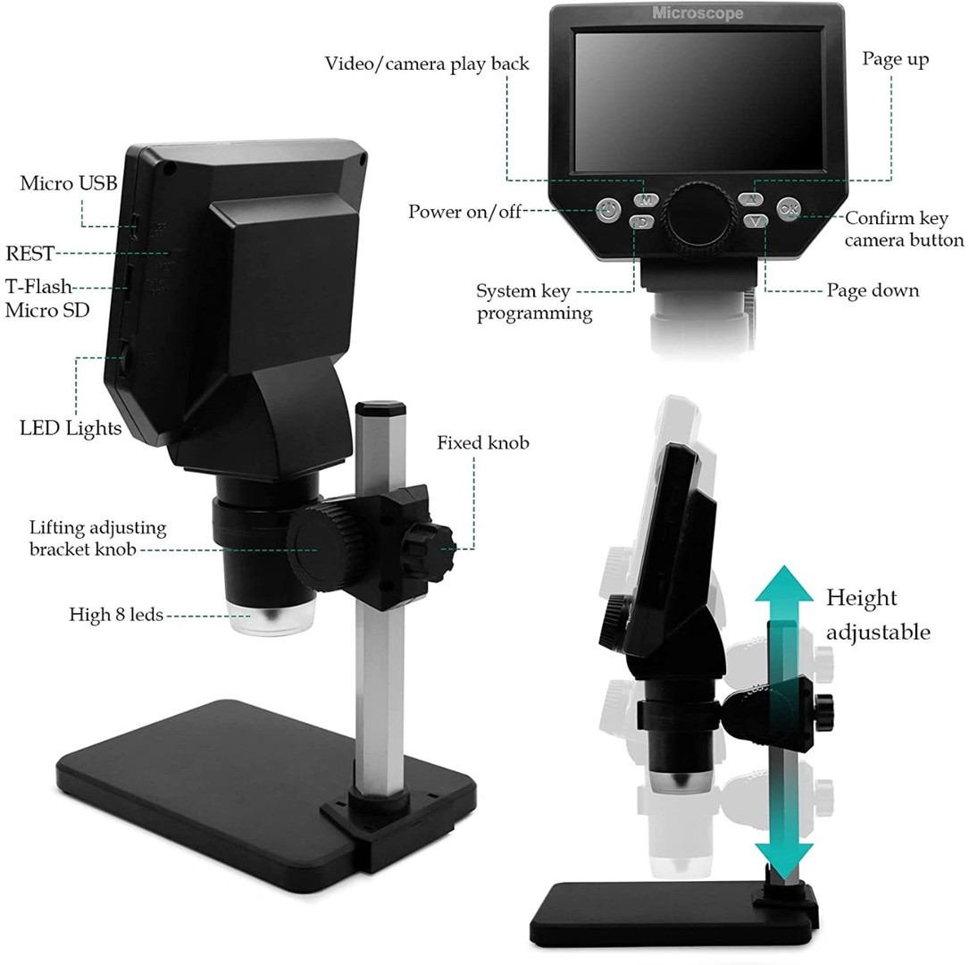 equipos profesionales - Microscopio USB digital con pantalla 4.3 pulgadas 1000X soporte ajustable 1
