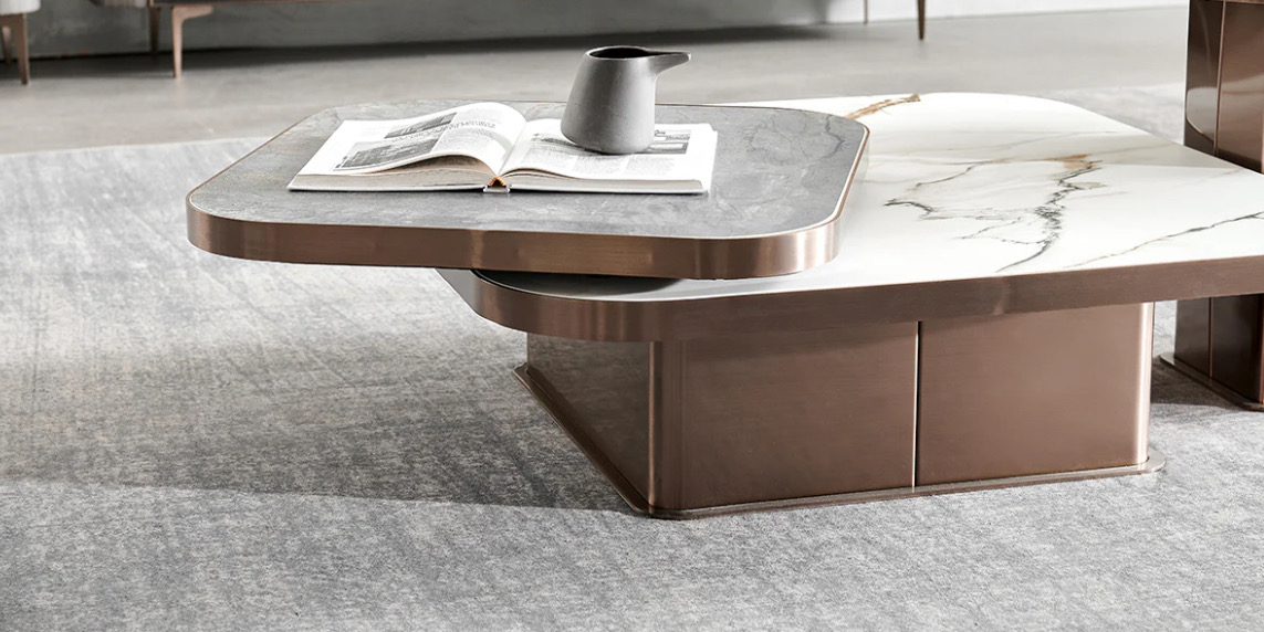 decoración y accesorios - MESA DE CENTRO CON TOPE EN CERAMICA GRIS Y BLANCO BASE TONALIDAD MARRON 2
