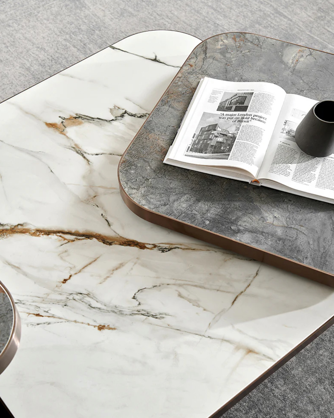 decoración y accesorios - MESA DE CENTRO CON TOPE EN CERAMICA GRIS Y BLANCO BASE TONALIDAD MARRON 3