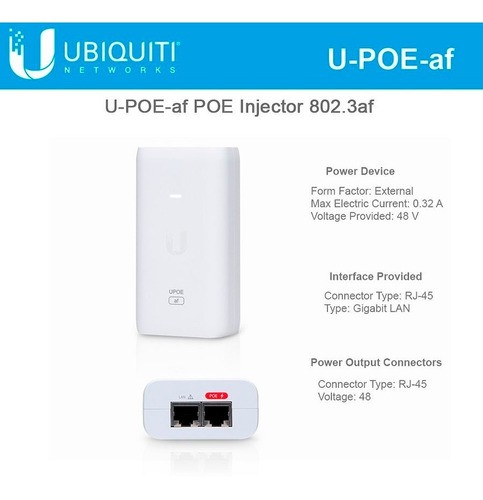 UBIQUITI U-POE-AF POWER OVER ETHERNET INJECTOR - 110 V AC, 220 V AC INPUT - 48 V