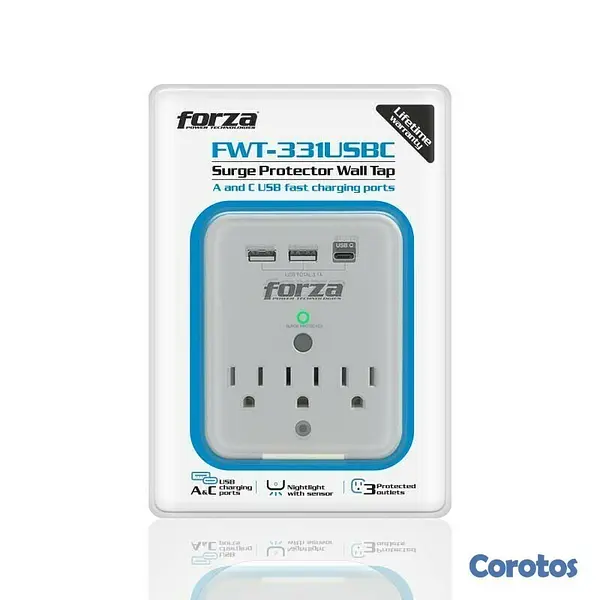 otros electronicos - TOMACORRIENTE FORZA, 3 TOMAS + 2 PUERTOS USB-A + 1 USB-C, PROTECTOR SOBRETENSIÓN 1