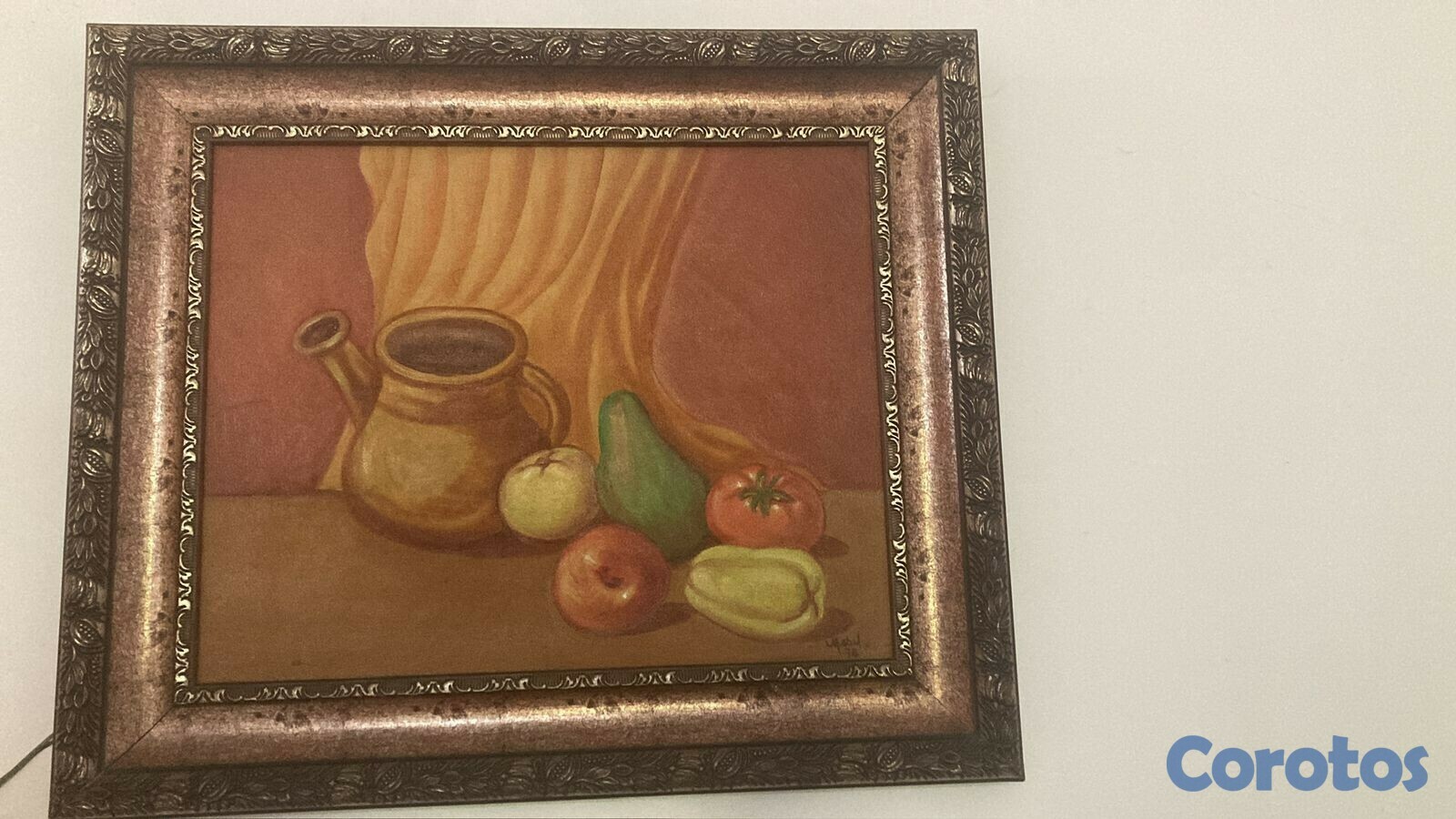 decoración y accesorios -  Un Cuadro bodegón con frutas con el borde bronce pintado a manos 1