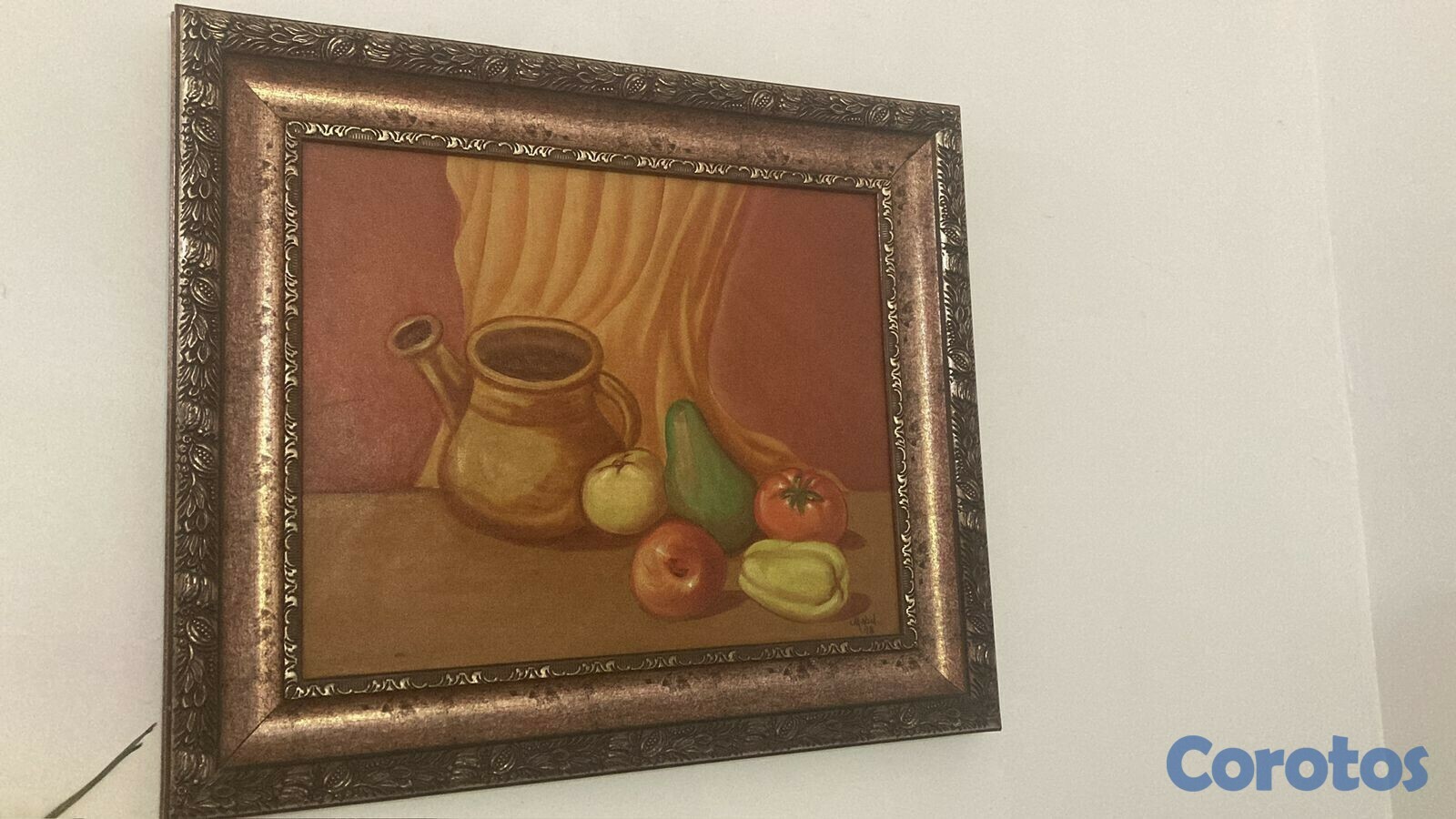 decoración y accesorios -  Un Cuadro bodegón con frutas con el borde bronce pintado a manos 2