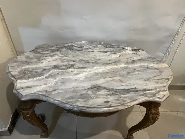 arte y antigüedades - Centro de mesa en madera antique con tope mármol  2