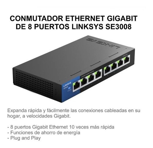 computadoras y laptops - SWITCH 8 PUERTOS LINKSYS SE3008, 8 PUERTOS GIGABIT  100/100/1000 0