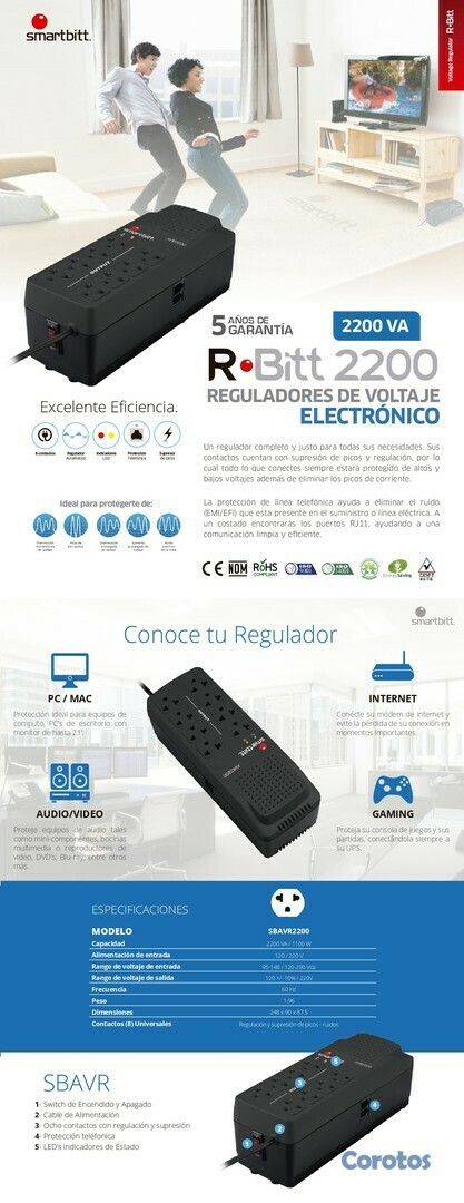 computadoras y laptops - REGULADO DE VOLTAJESMARTBITT 2200VA/1100W,CON 8 SALIDAS ALTA CALIDAD   2