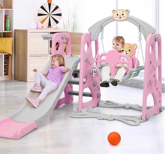 juguetes - Juego para niños 3 en 1 : tobogán Columpio Aro de basket y pelota rosa-verde