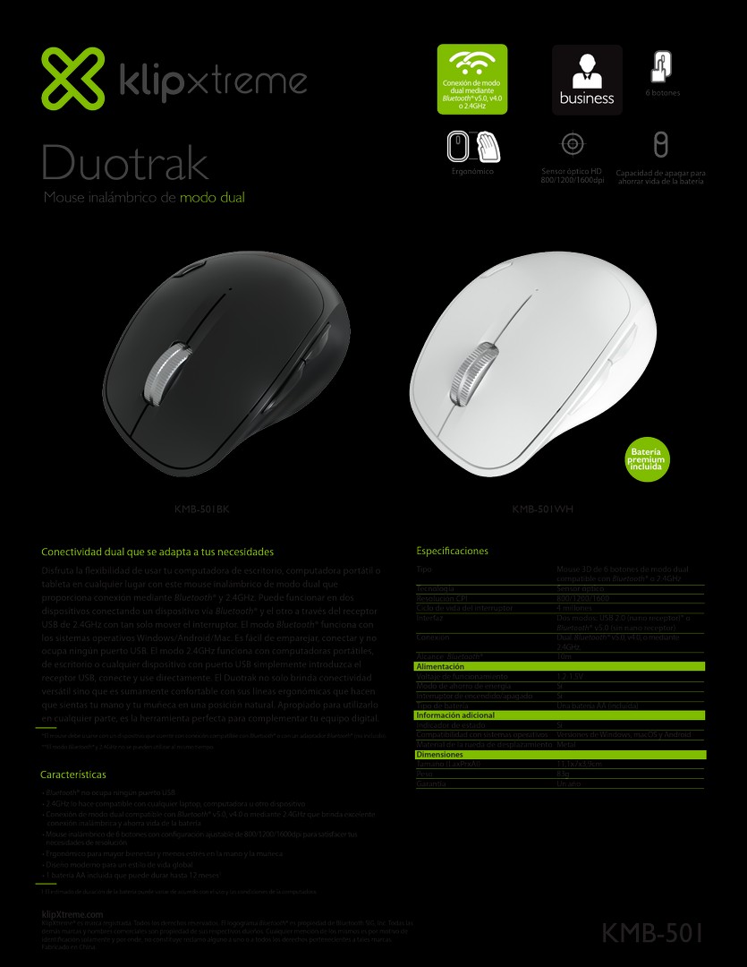 computadoras y laptops - MOUSE KLIPX KMW-501BK ERGONOMICO (DUOTRAK), inalámbrico y BLUETOOTH, 2.4GHZ  0