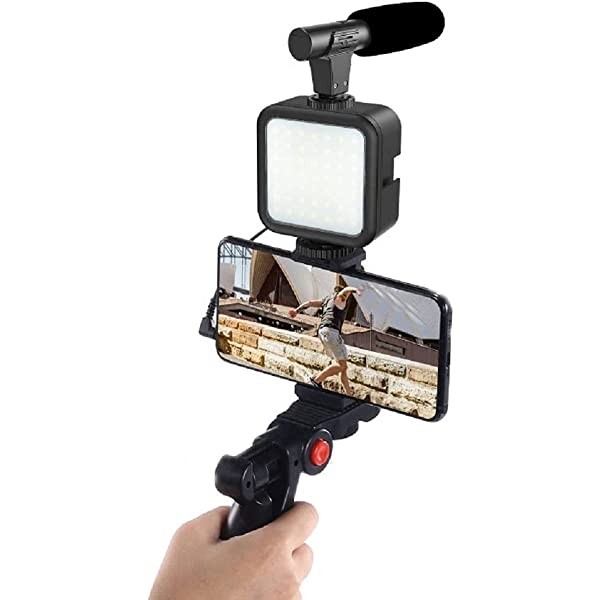 accesorios para electronica - Soporte para CELULAR con Micrófono y 3 luces led kit vlog vlogger video making