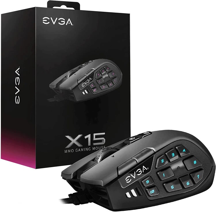 otros electronicos - EVGA X15 MMO Gaming Mouse, 8 K Hz, Wired, Black, Customizable, 16,000 DPI, 5 Pro