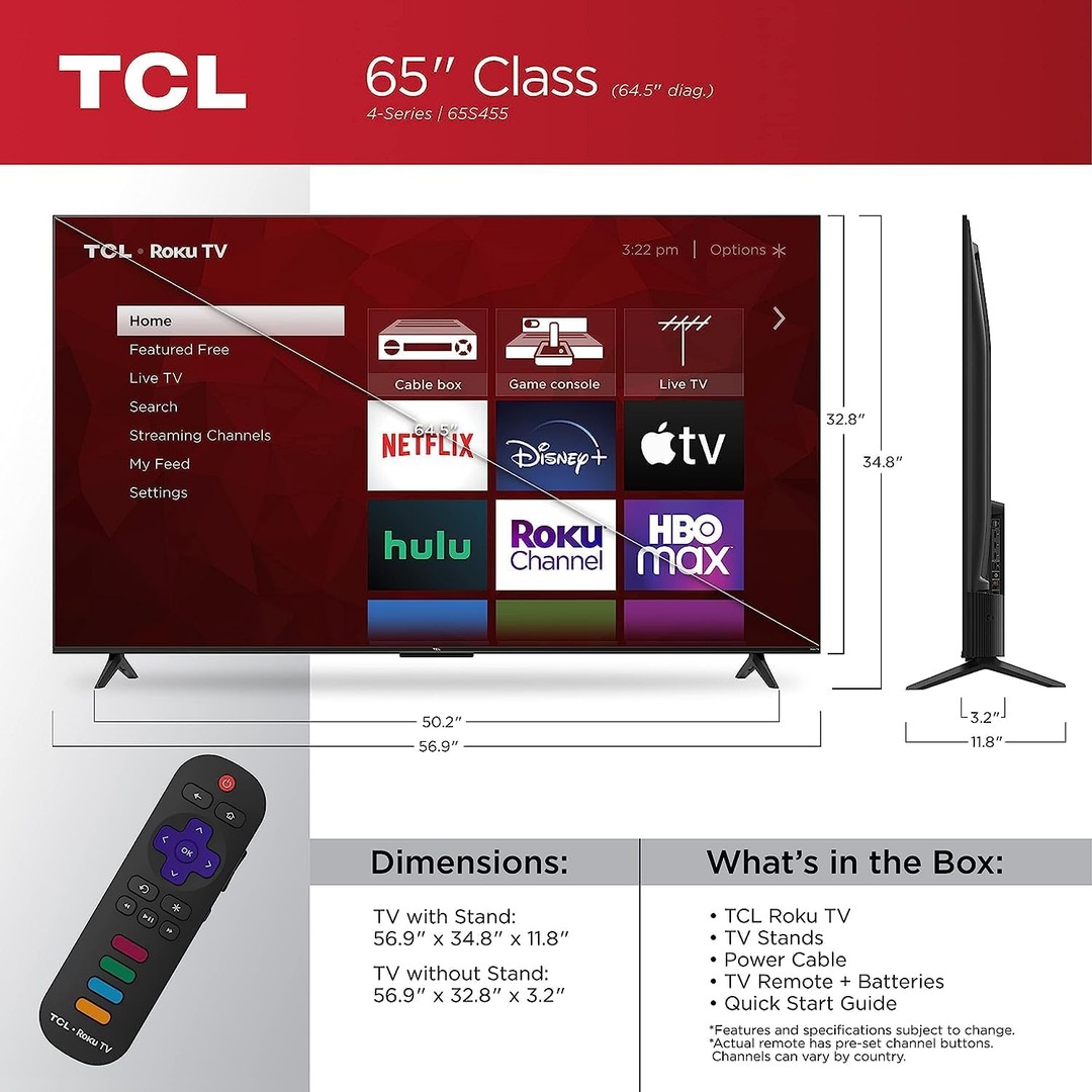 tv - Smart TV TCL 65 Pulgadas Smart Roku TV Class 4-Series 4K UHD HDR Base Gratis