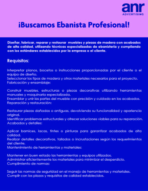 empleos disponibles - ¡Buscamos Ebanista Profesional!