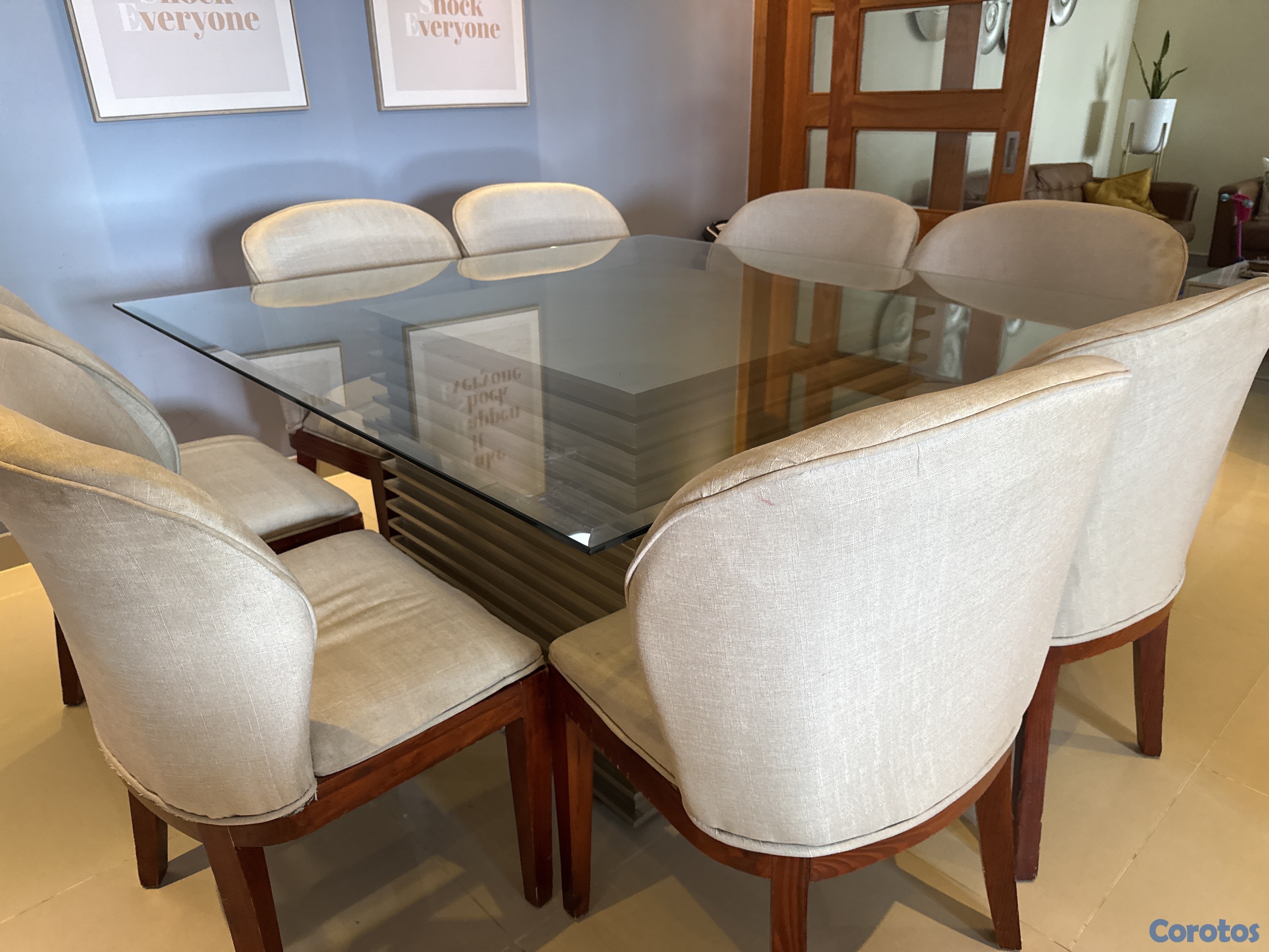 muebles y colchones - mesa para comer de cristal con 8 sillas  2