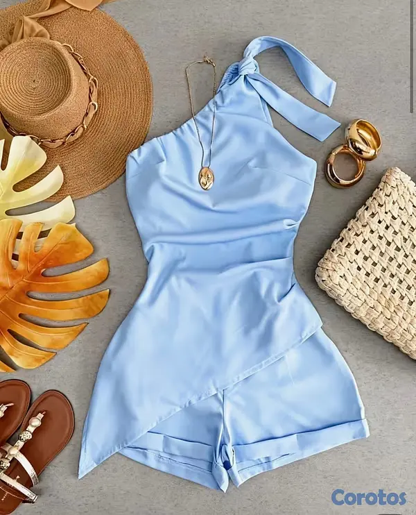 ropa para mujer - Conjunto de Verano, Shorts Asimétricos de Un Hombr 1