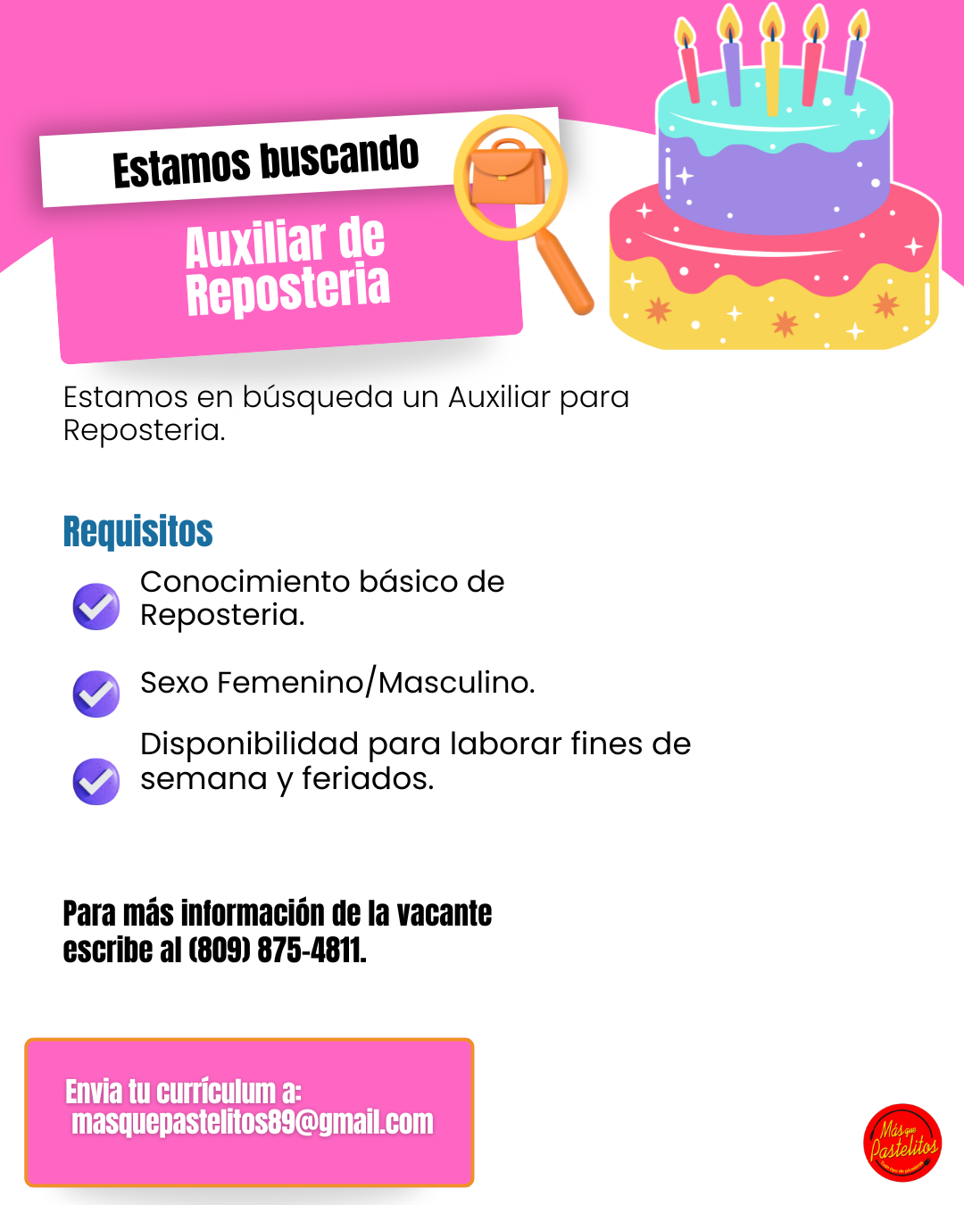 empleos disponibles - Auxiliar de Reposteria