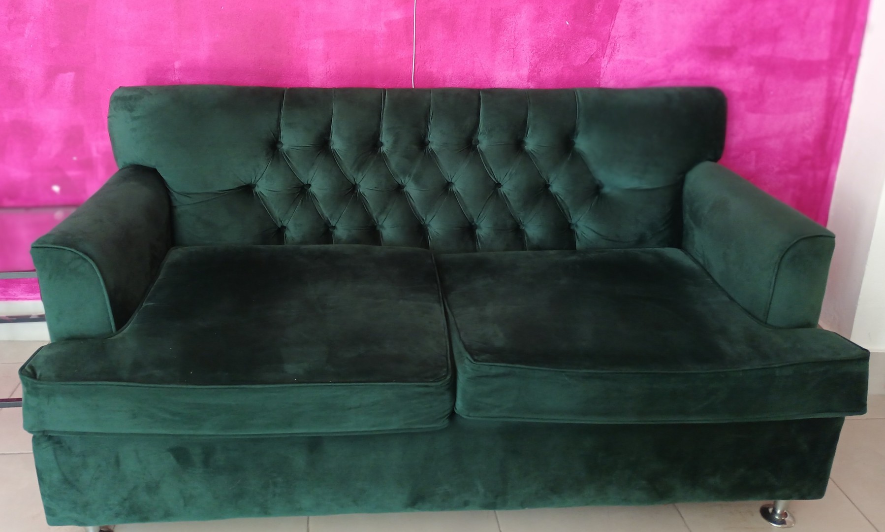 muebles y colchones - Sofá de 3 plazas capitoneado, verde