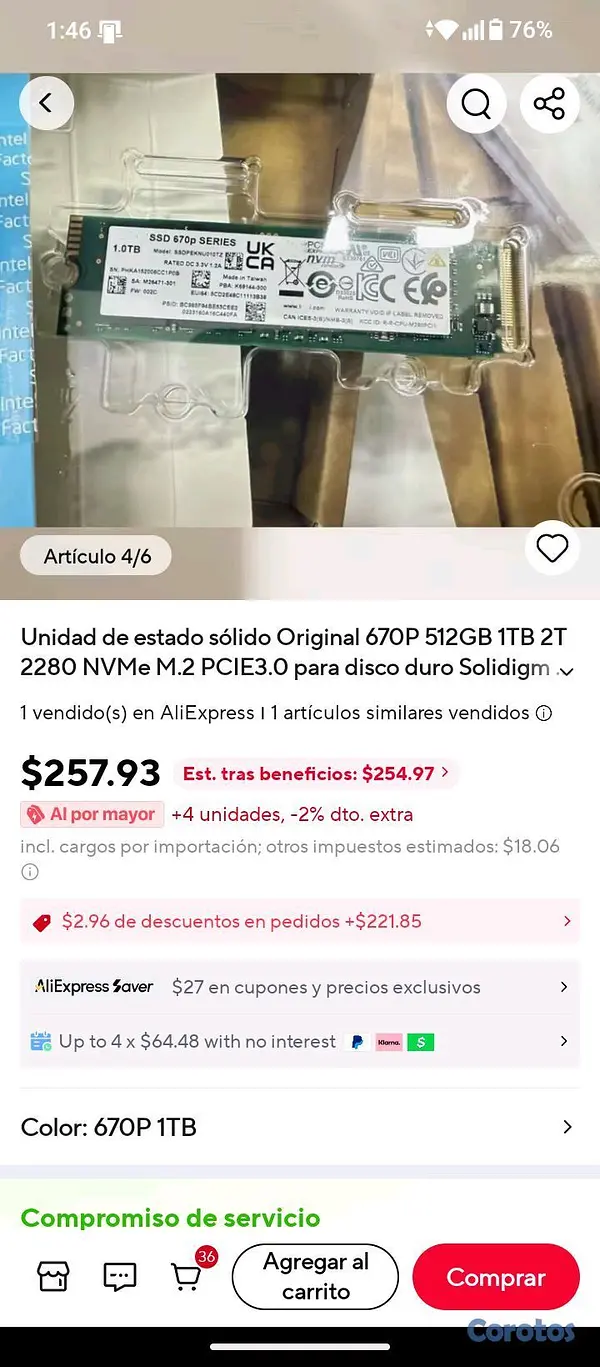 computadoras y laptops - M.2 Intel Nvme 1TB 670p.  3