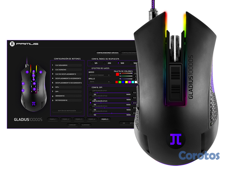 computadoras y laptops - MOUSE PRIMUS PMO-201, GAMING GLADIUS 10000S, OPTICO USB, 6 BOTONES,  1