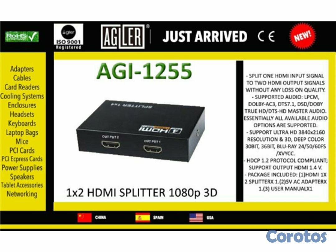 computadoras y laptops - SPLITTER HDMI 1X2 AGILER, SUPORTA HASTA 1080P, (AGI-1255)