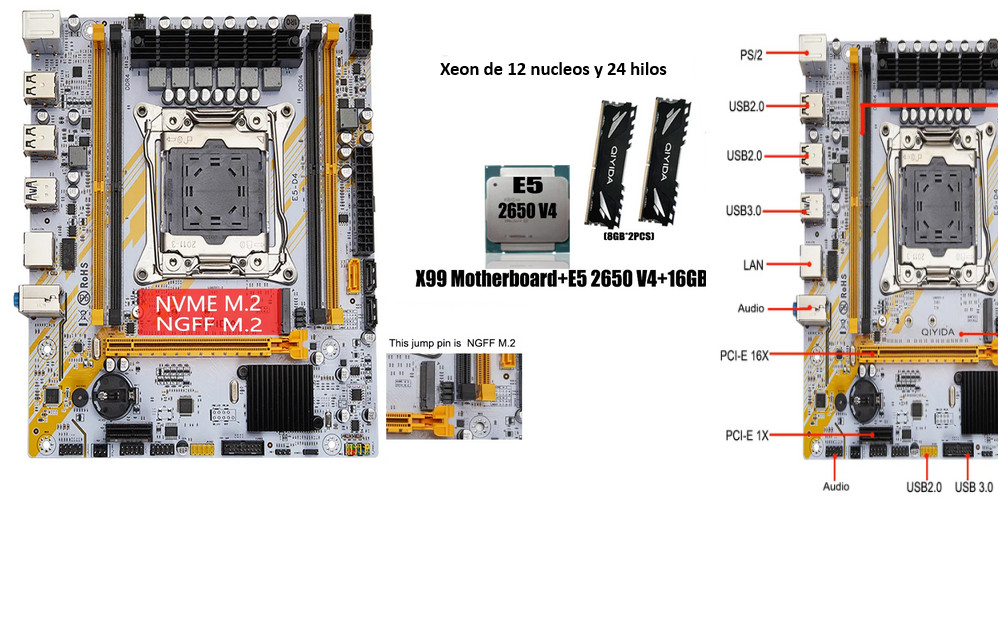 computadoras y laptops - Motherboard LGA 2011 con intel xeon 12 nucleos y 24 hilos mas 16gb DDR4