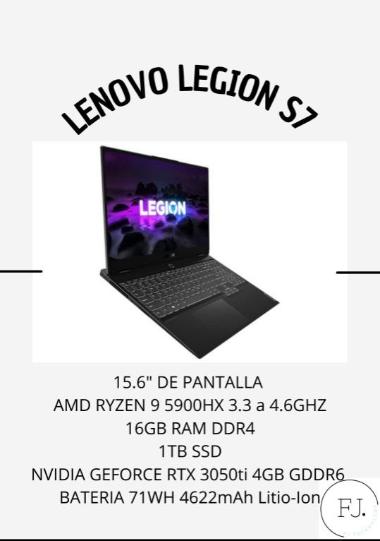 LAPTOP LENOVO LEGION S7 AMD RYZEN 9 3.3GHZ 16GB DDR4 1TB SSD RTX 3050 4GB GDDR6