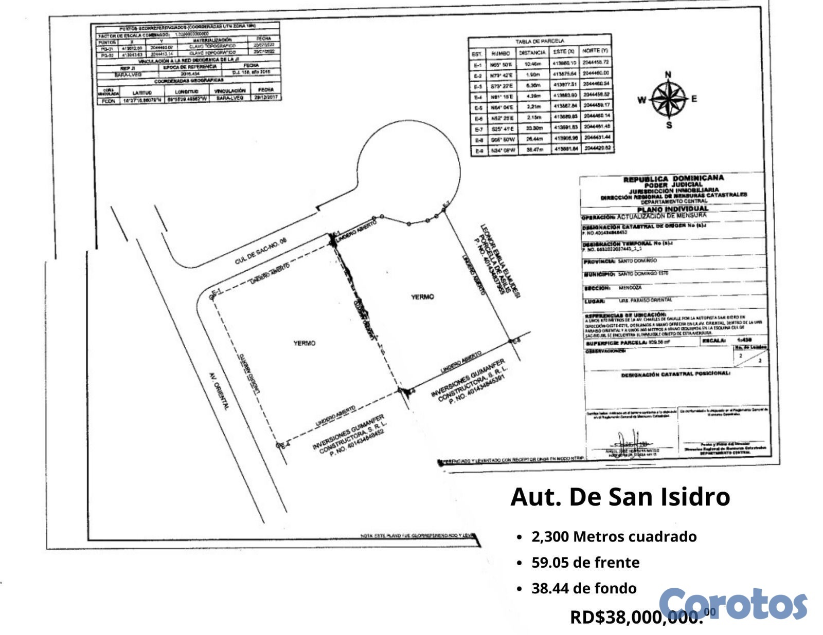 solares y terrenos - Vendo solar Autopista de San Isidro 2,300 mtrs 59.05 de frente y 32.44 de ancho
