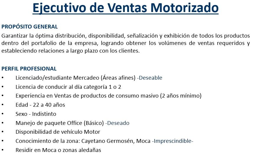 empleos disponibles - Ejecutivo de Ventas Canal Colmados -Motorizado-