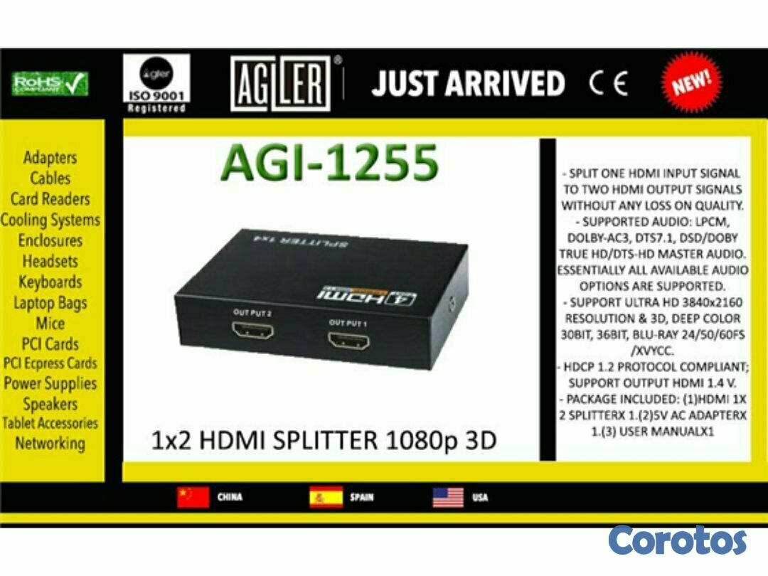 computadoras y laptops - SPLITTER HDMI 1X2 AGILER, SUPORTA HASTA 1080P, (AGI-1255)