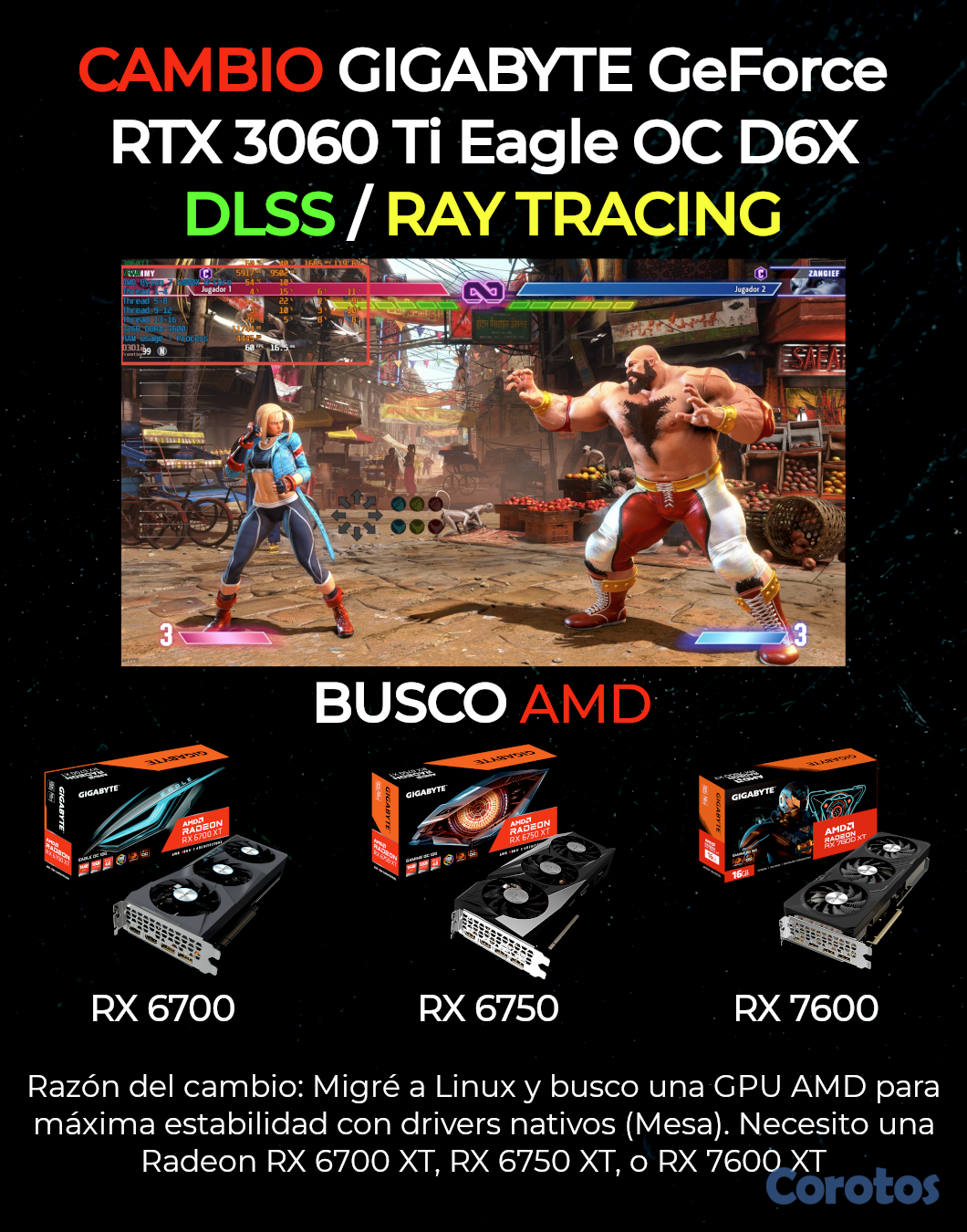 computadoras y laptops - CAMBIO 3060Ti Gigabyte por AMD RX 6700/6750/7600 2
