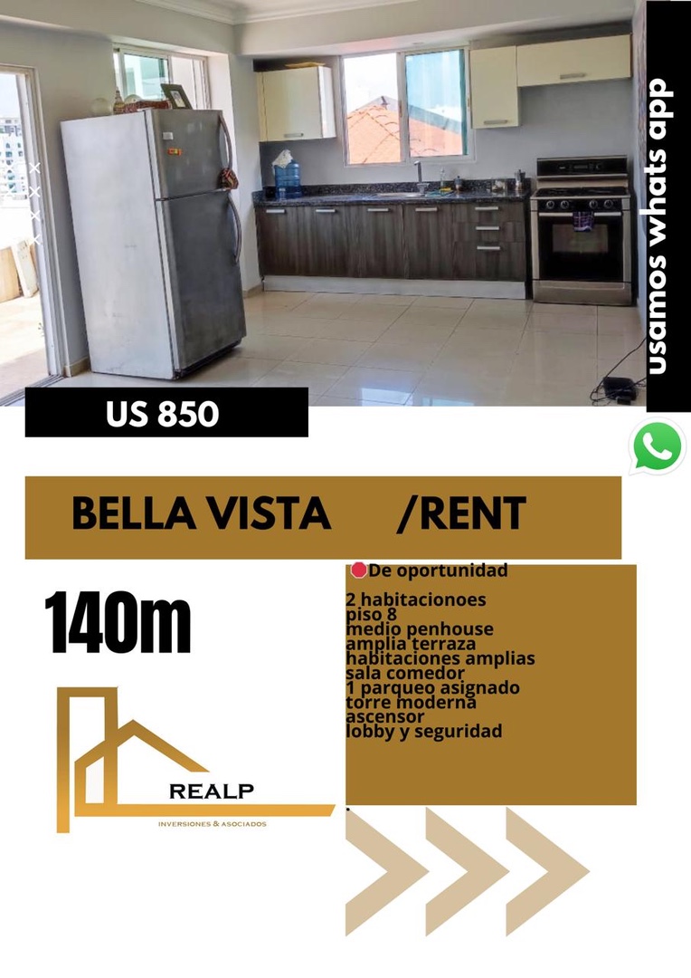 apartamentos - Apartamento en bella vista 2 hab 