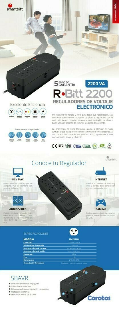 computadoras y laptops - REGULADO DE VOLTAJESMARTBITT 2200VA/1100W,CON 8 SALIDAS ALTA CALIDAD   2