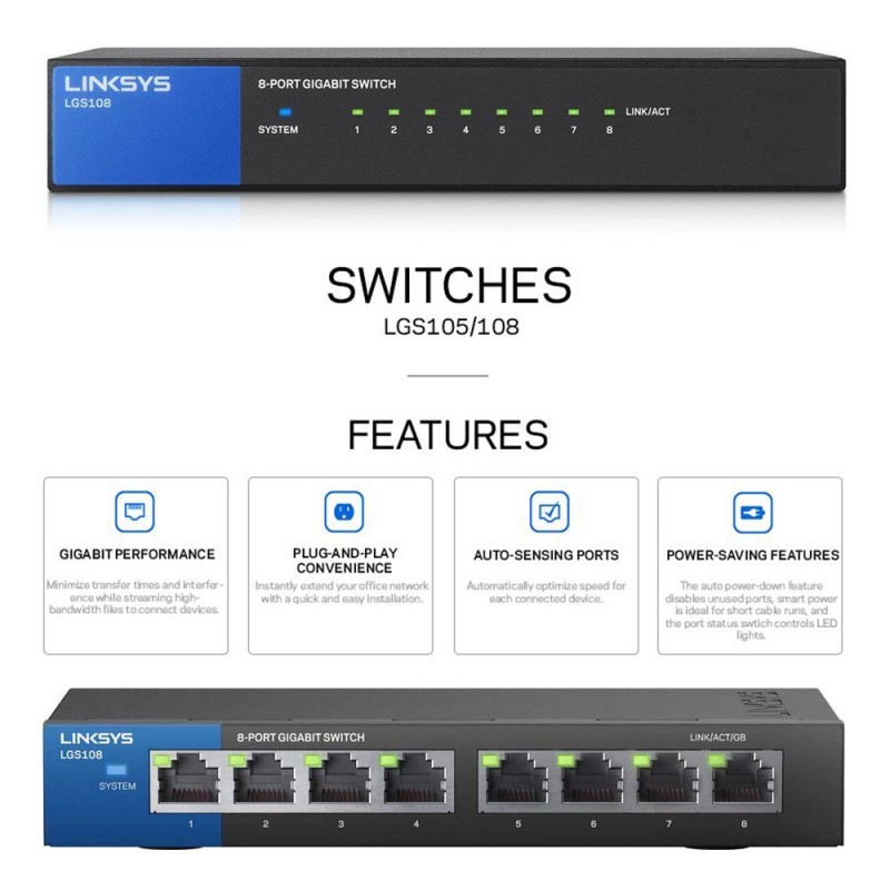 computadoras y laptops - SWITCH 8 PUERTOS  POE,L INKSYS Gigabit escritorio,empresarial  LGS108 0