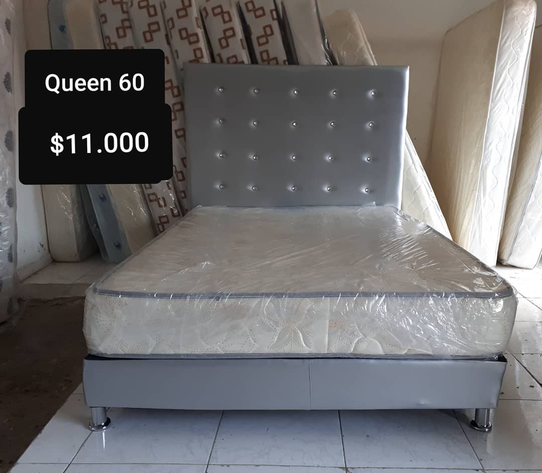 muebles y colchones - Cama Queen 60 Tapizada Nueva Negro Blanco y Gris  2