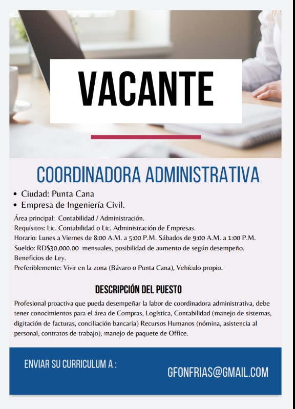 empleos disponibles - Vacante - Coordinadora Administrativa.