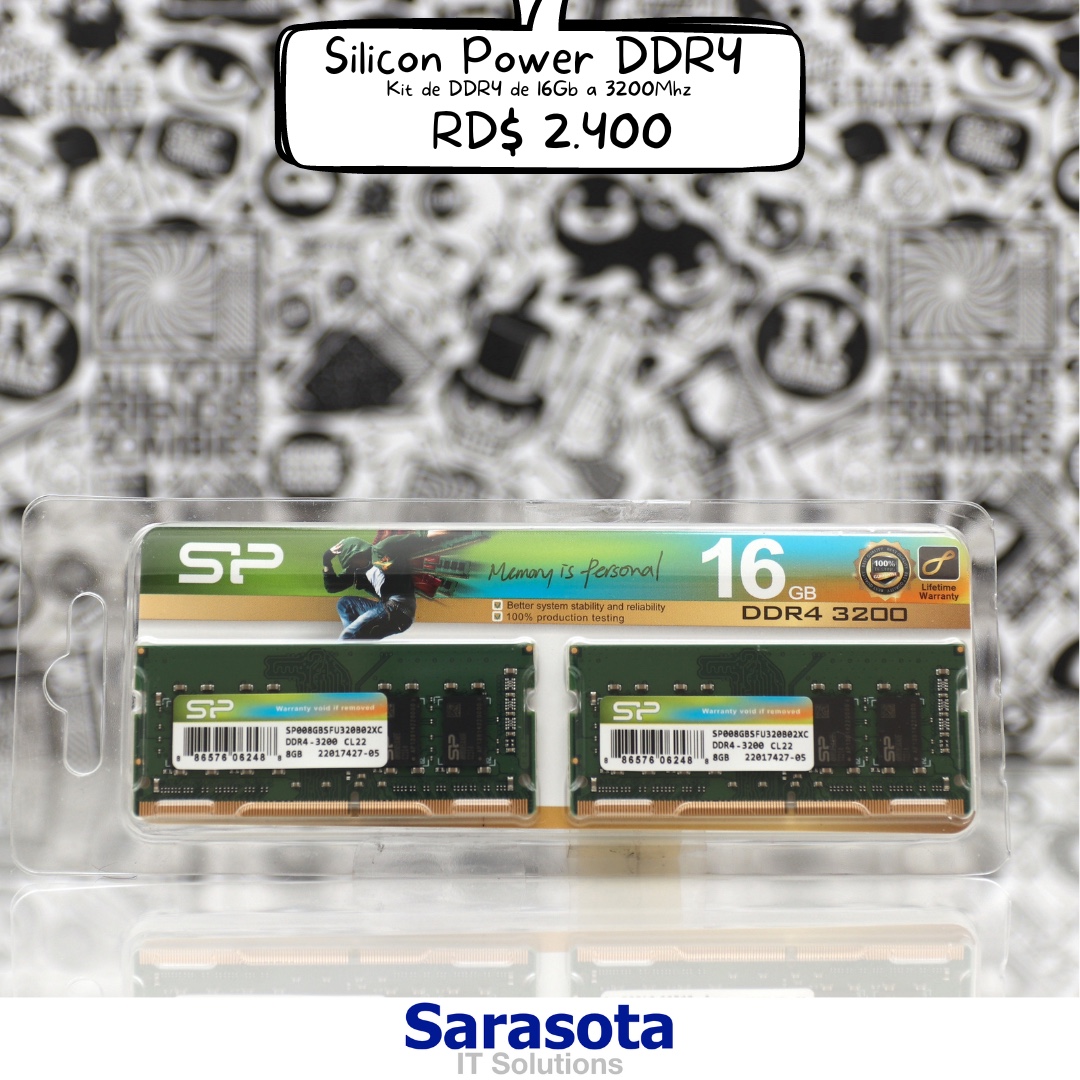 Kit de DDR4 de 16Gb Silicon Power para laptop
3200Mhz Somos Sarasota