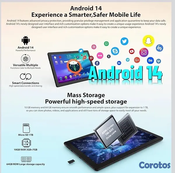 celulares y tabletas - Tablet 10” Android14,Octa-Core, 10GB RAM, 64GB ROM, 1TB Expandable, 1280x800 IPS 3