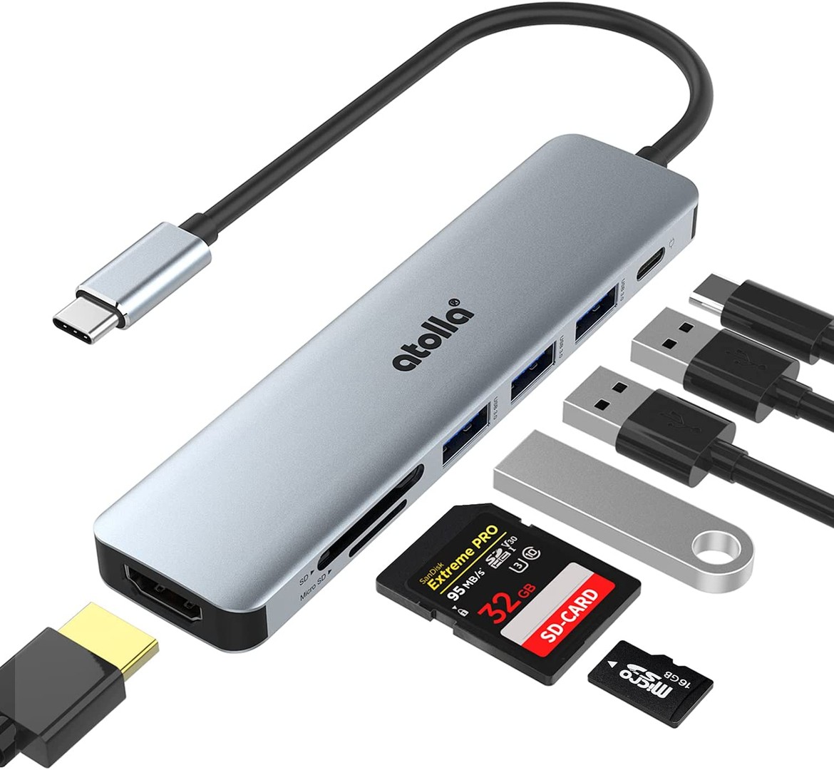 accesorios para electronica - 7 en 1 Adaptador USB C. HDMI 4K, 100W PD Carga, 3xUSB, tarjeta SD y microSD 0