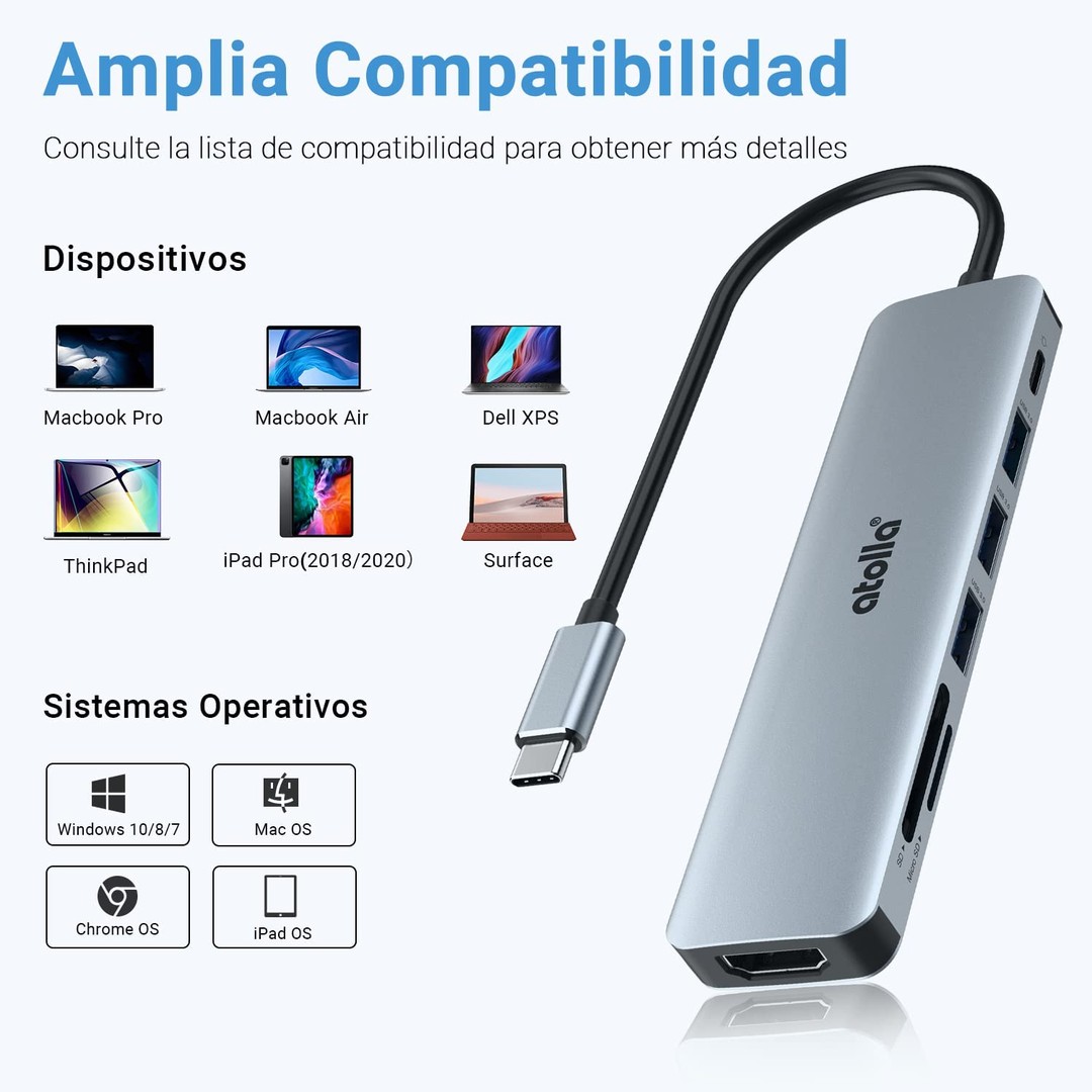 accesorios para electronica - 7 en 1 Adaptador USB C. HDMI 4K, 100W PD Carga, 3xUSB, tarjeta SD y microSD 2