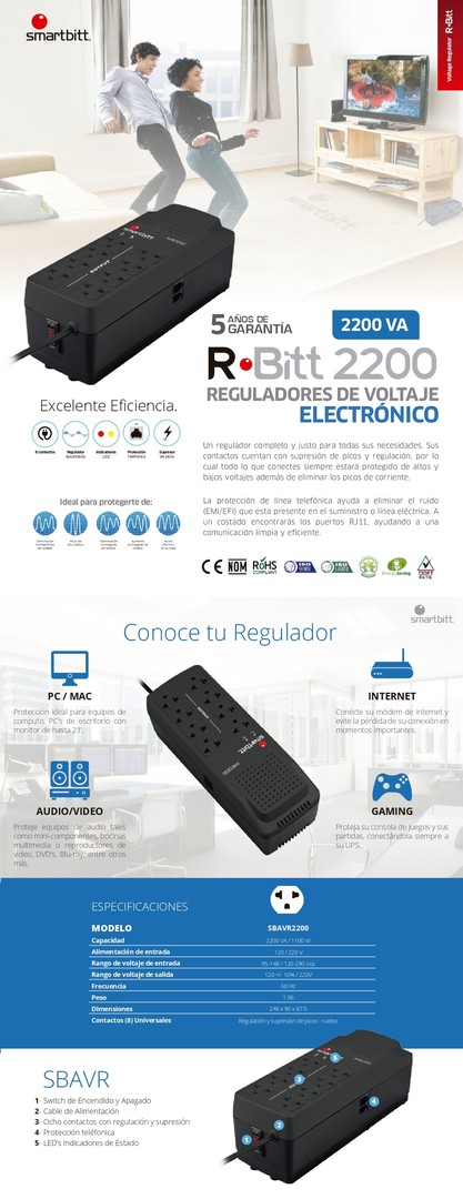 computadoras y laptops - REGULADO DE VOLTAJESMARTBITT 2200VA/1100W,CON 8 SALIDAS ALTA CALIDAD   1