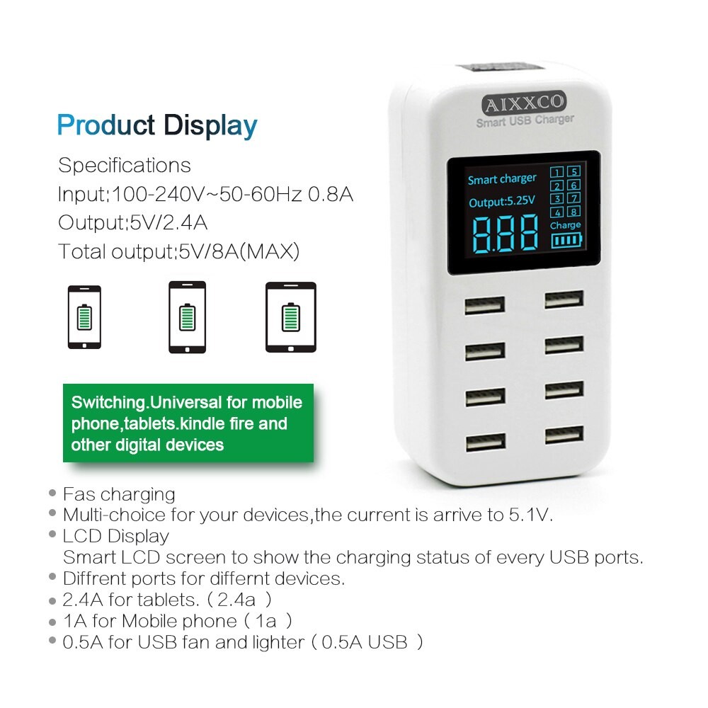 cargador USB inteligente, pantalla LED, 8 puertos, 40W, carga rápida  0