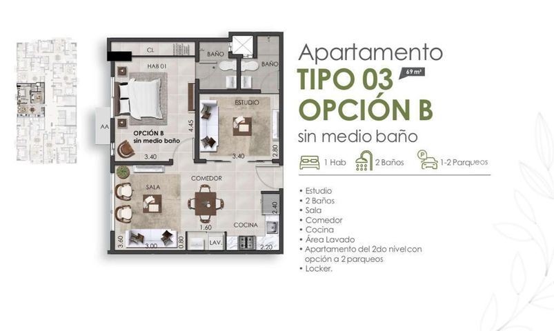 apartamentos - Apartamento en venta #23-1898 ascensor, parqueo cubierto, 1 dormitorio, walking  9
