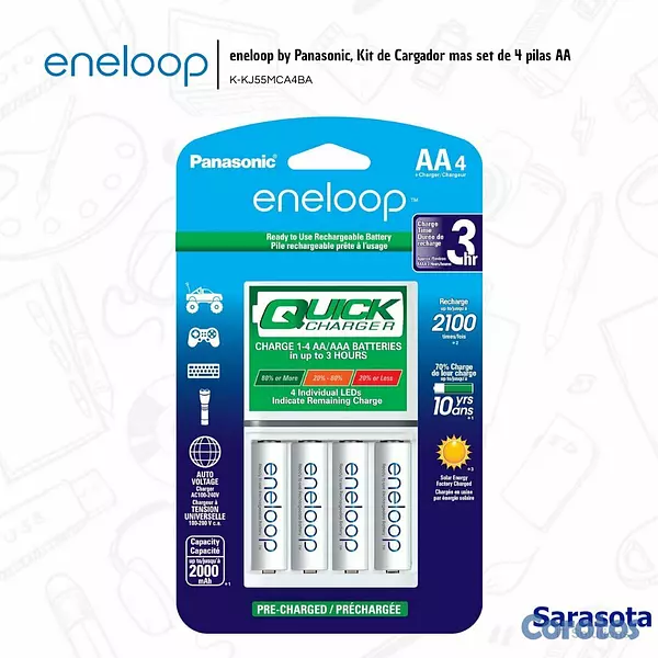 accesorios para electronica - Eneloop Baterías 4 AA con Cargador de 3 Horas + Ca 4