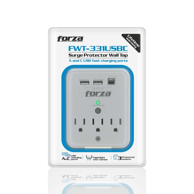 otros electronicos - TOMACORRIENTE FORZA, 3 TOMAS + 2 PUERTOS USB-A + 1 USB-C, PROTECTOR SOBRETENSIÓN 0