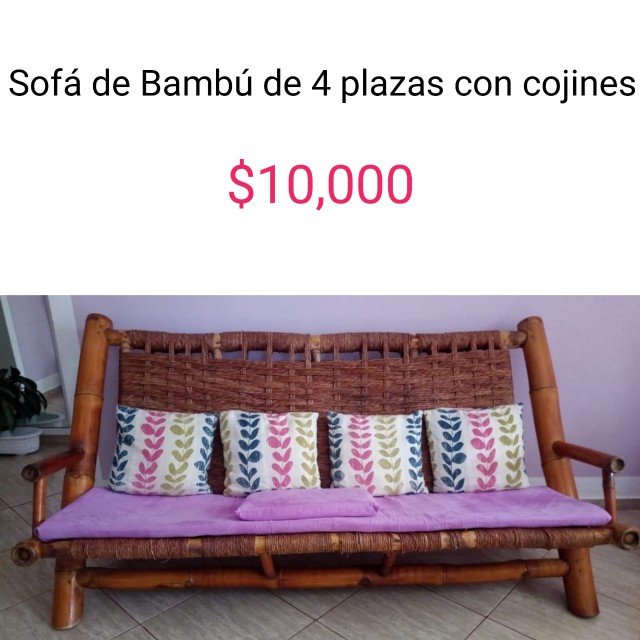 muebles y colchones - Sofá de 4 plazas de bambú con sus cojines