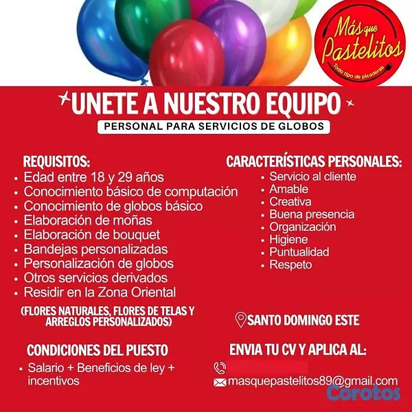 empleos disponibles - Personal para tienda de globos y envolturas