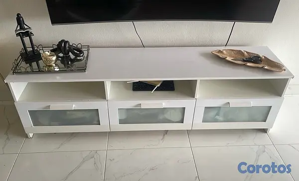 muebles y colchones - Mueble de televisión moderno, color blanco con compartimentos  2