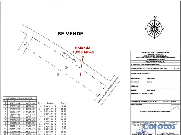 solares y terrenos - Vendo Solar 1,239 Mts.2en Guayabal, SANTIAGO, AV. RAMON MARIANO GRULLON, PROX. A 9