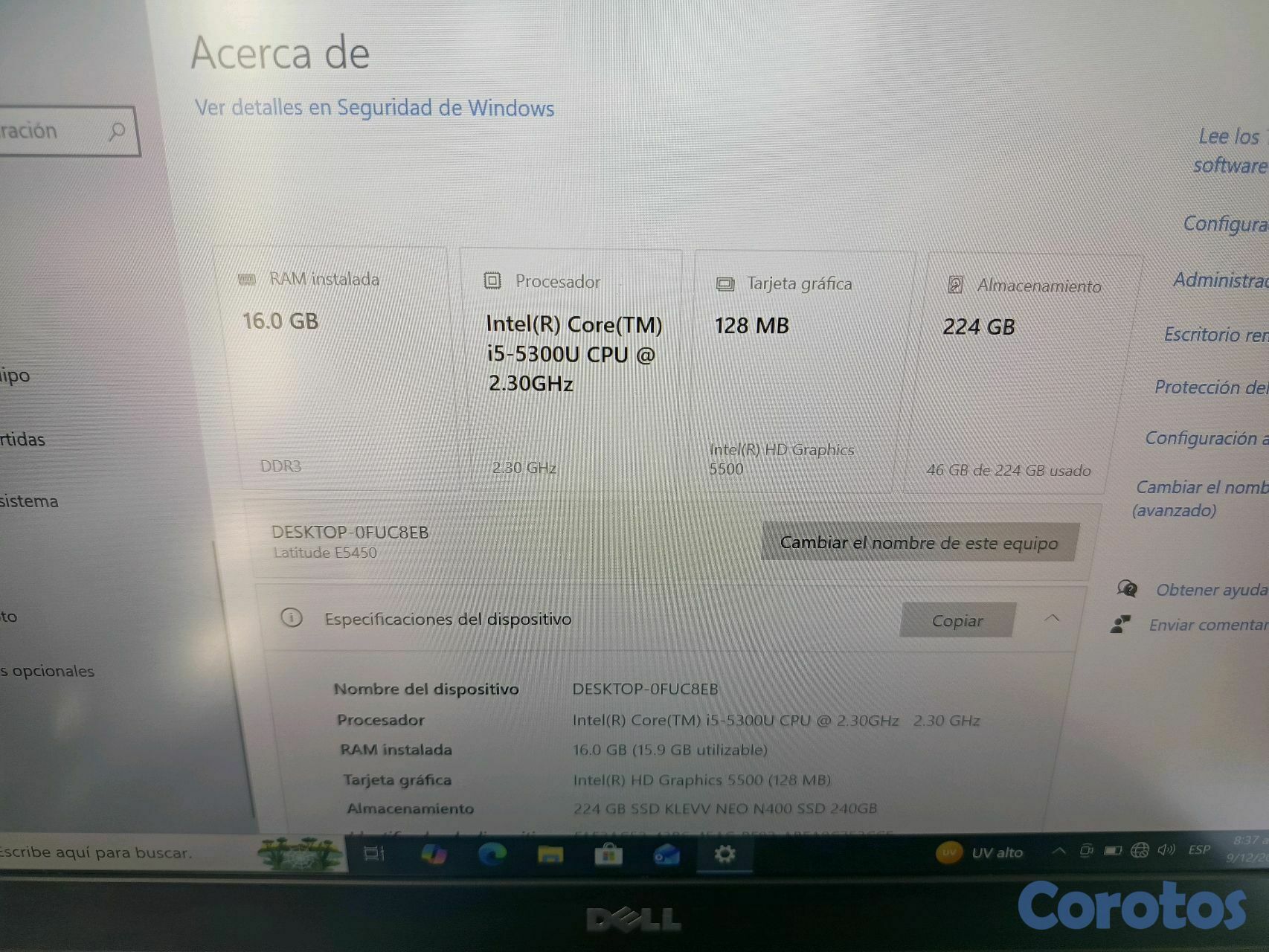 computadoras y laptops - Laptop Dell, i5 5ta, Disco 256 GB, 16GB Ram. 9