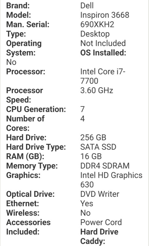 computadoras y laptops - Desktop Dell inspiron Core i7 3.60ghz Ram 16gb ddr4 Disco 256gb Solido hdmi 2